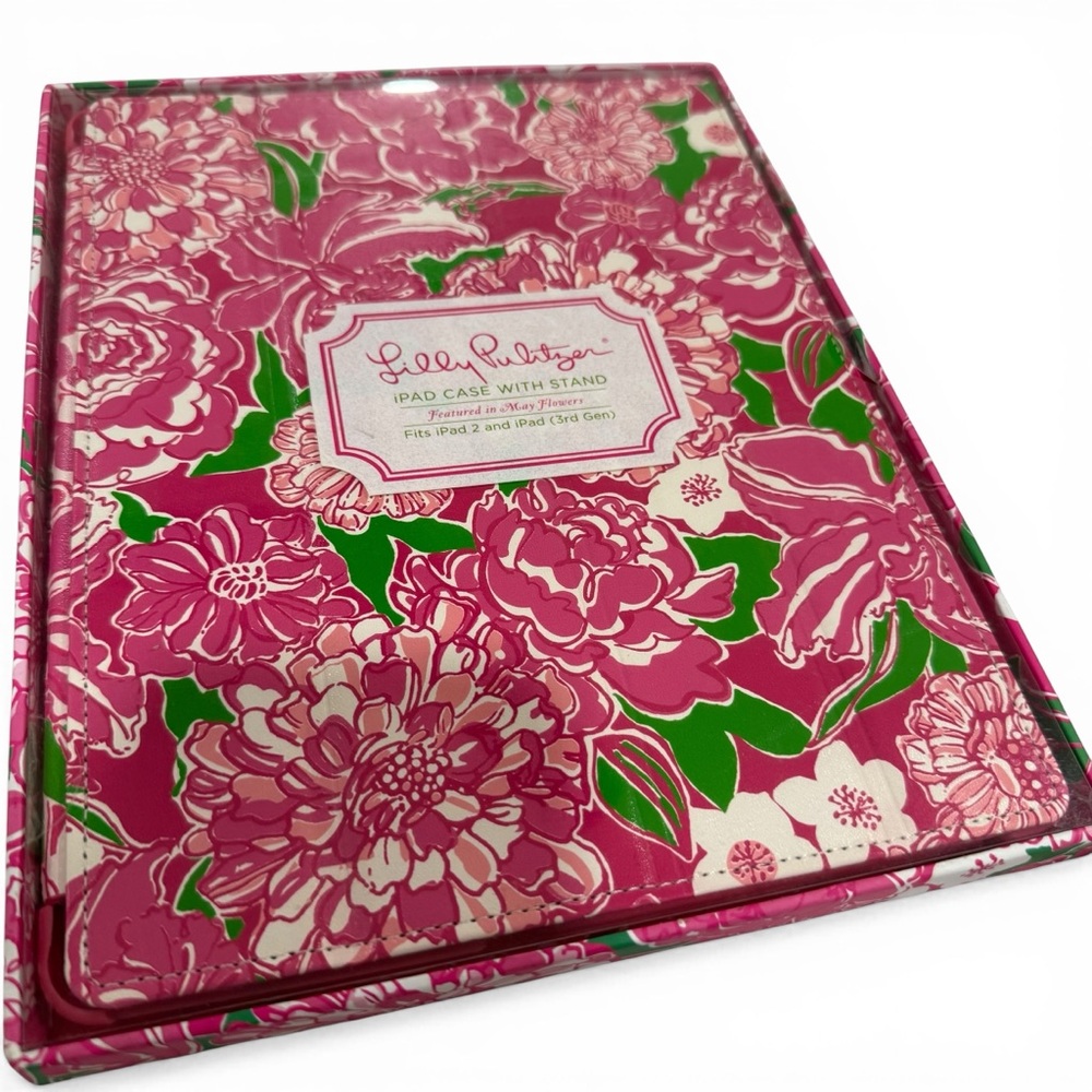 NIB Lilly Pulitzer iPad case with stand features the "May Flowers" pattern